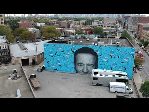 A Giant Mural commemorating the life and art of actor Robin Williams